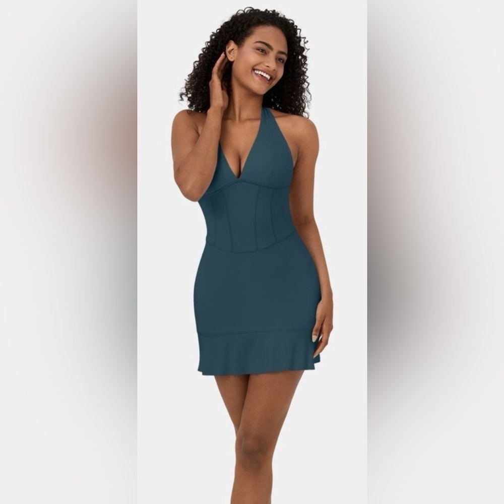 HALARA- Corseted Ink Green Halter Dress
